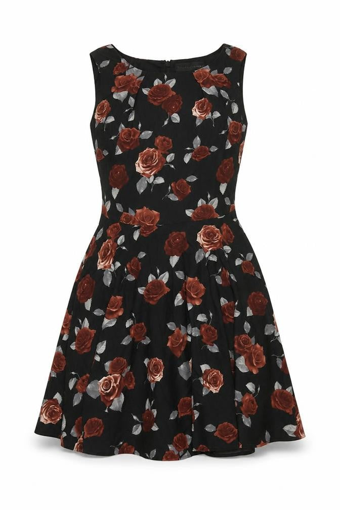 Mela London Womens Black Floral Viscose Fit & Flare Size 8 Round Neck Zip