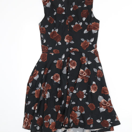 Mela London Womens Black Floral Viscose Fit & Flare Size 8 Round Neck Zip