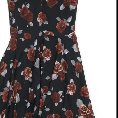 Mela London Womens Black Floral Viscose Fit & Flare Size 8 Round Neck Zip