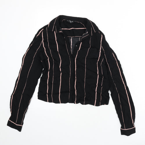 New Look Womens Black Striped Viscose Cropped Button-Up Size 6 Collared