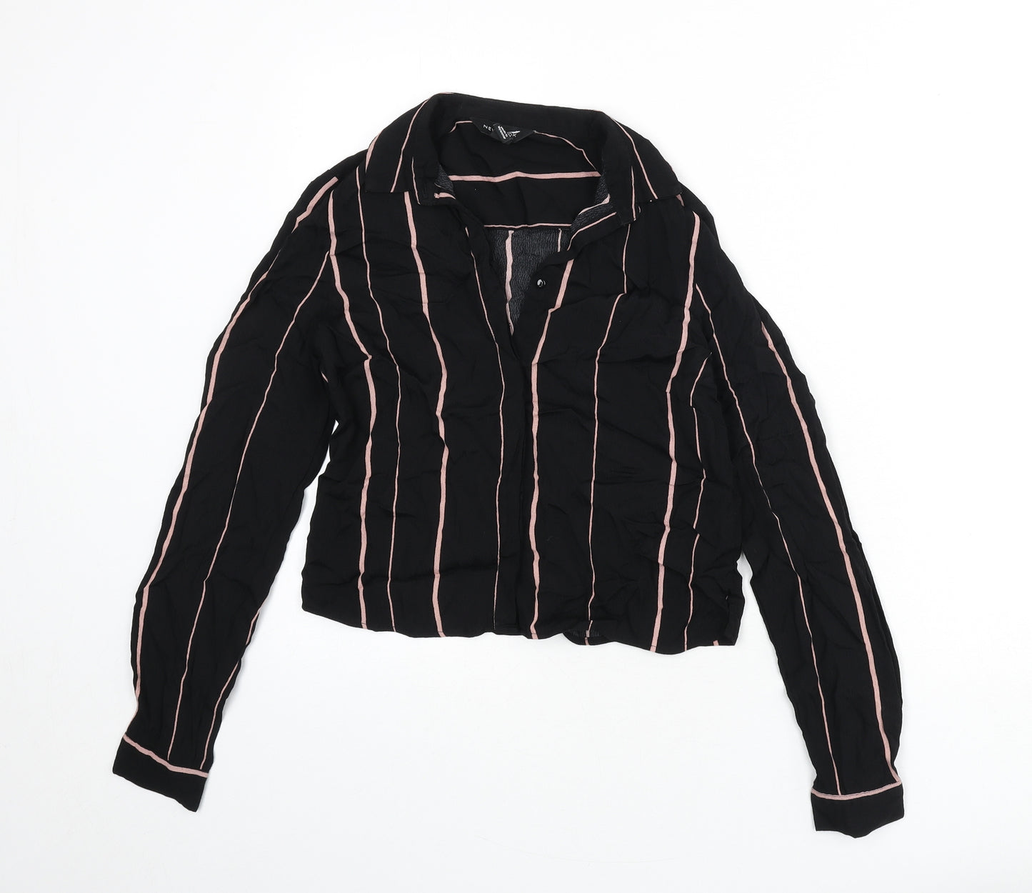 New Look Womens Black Striped Viscose Cropped Button-Up Size 6 Collared
