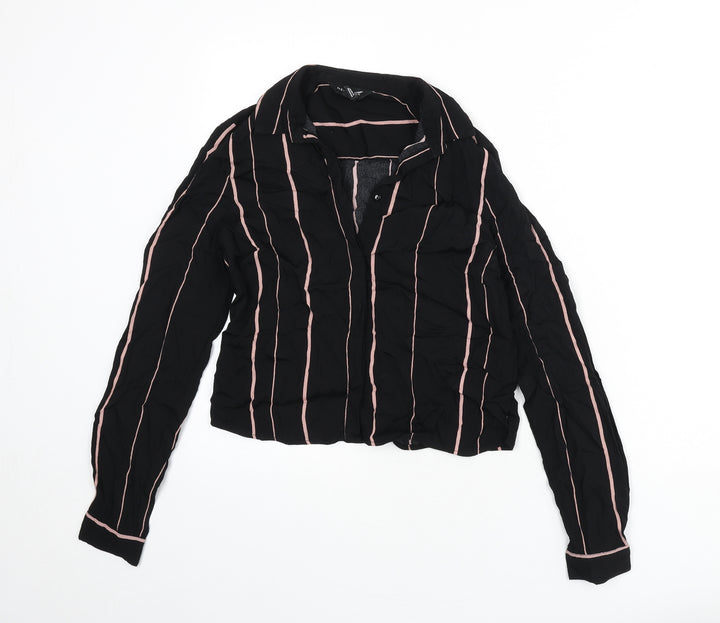 New Look Womens Black Striped Viscose Cropped Button-Up Size 6 Collared