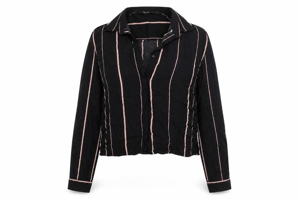 Front view of New Look women’s black striped viscose cropped button-up, size UK 6, collared