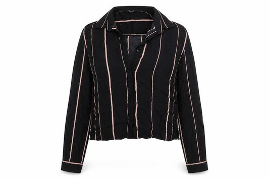 Front view of New Look women’s black striped viscose cropped button-up, size UK 6, collared