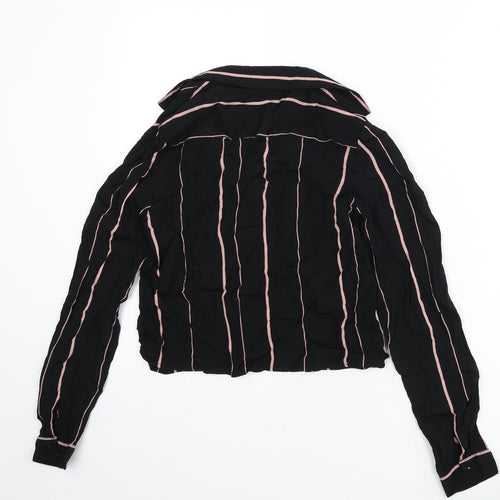 New Look Womens Black Striped Viscose Cropped Button-Up Size 6 Collared