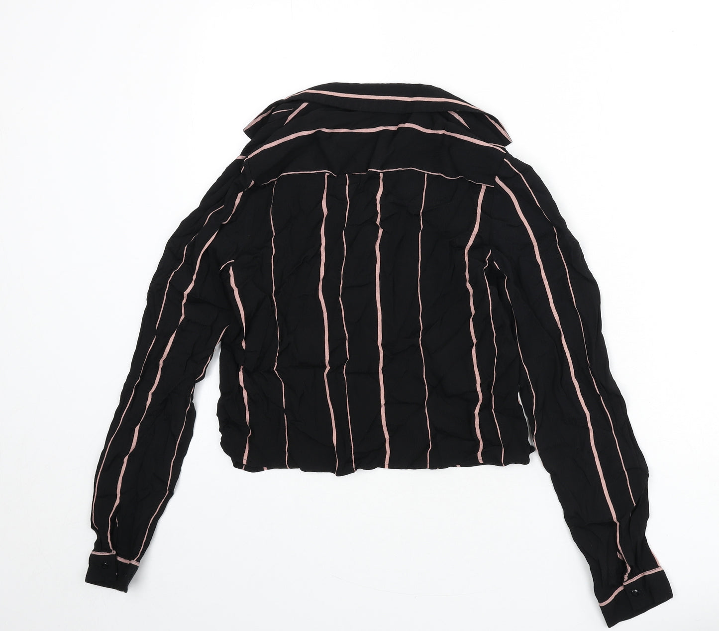 New Look Womens Black Striped Viscose Cropped Button-Up Size 6 Collared