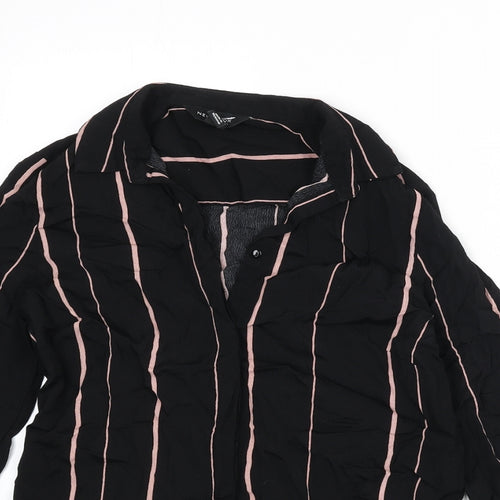 New Look Womens Black Striped Viscose Cropped Button-Up Size 6 Collared