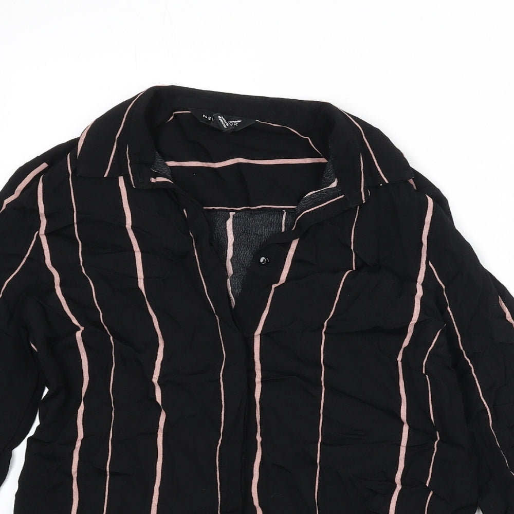 New Look Womens Black Striped Viscose Cropped Button-Up Size 6 Collared