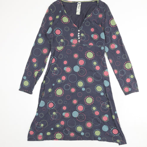 Mistral Womens Blue Geometric 100% Cotton A-Line Size 14 V-Neck Button - Tie Detail