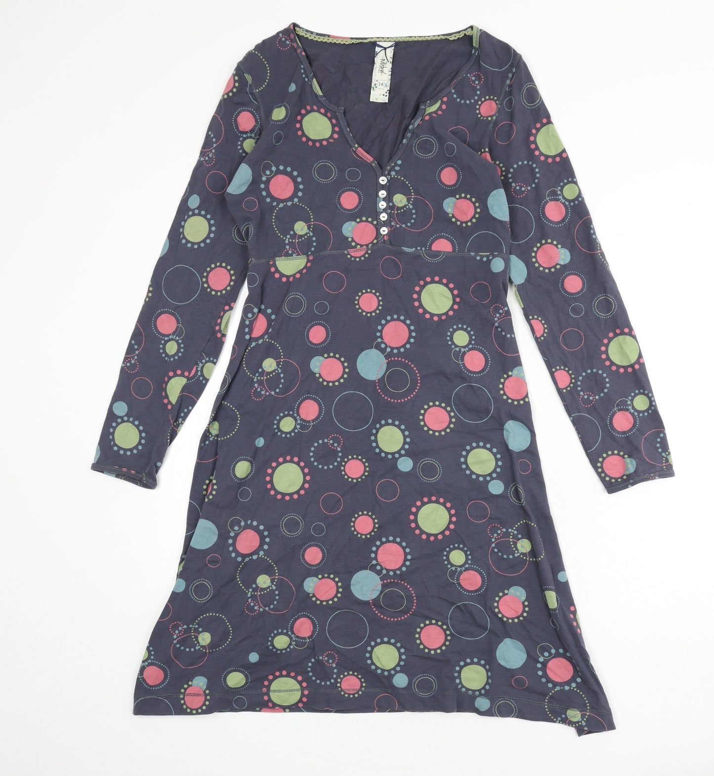 Mistral Womens Blue Geometric 100% Cotton A-Line Size 14 V-Neck Button - Tie Detail