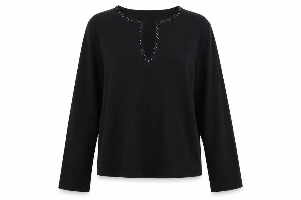 Front view of J.Taylor women’s black polyester basic t-shirt, size UK 14, v-neck - beaded detail