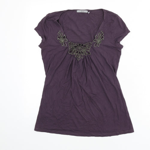 Marks and Spencer Womens Purple Viscose Basic T-Shirt Size 8 Square Neck - Floral Detail