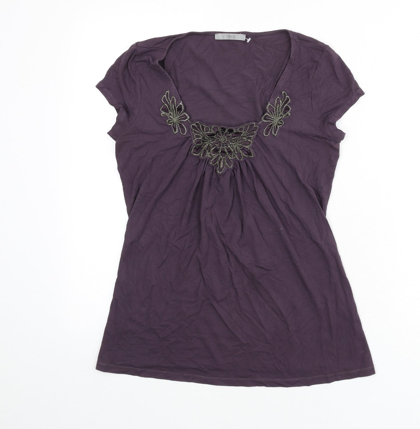 Marks and Spencer Womens Purple Viscose Basic T-Shirt Size 8 Square Neck - Floral Detail