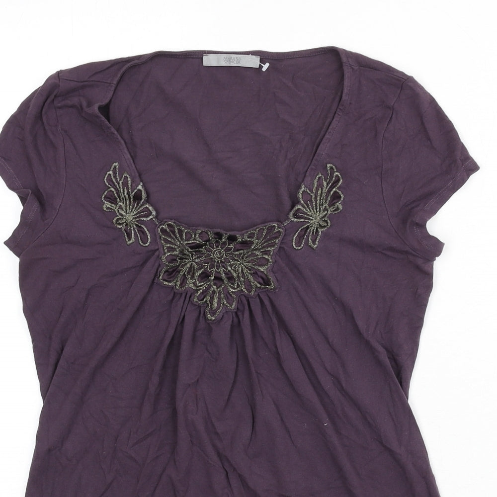 Marks and Spencer Womens Purple Viscose Basic T-Shirt Size 8 Square Neck - Floral Detail
