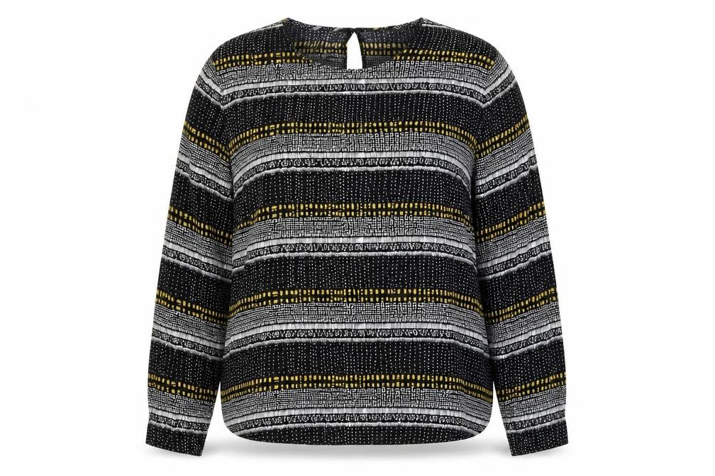 Front view of H&M women’s multicoloured geometric viscose basic blouse, size UK 16, round neck