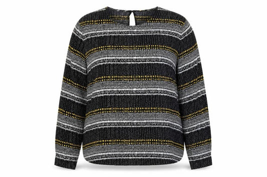 Front view of H&M women’s multicoloured geometric viscose basic blouse, size UK 16, round neck