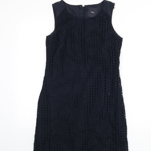 NEXT Womens Blue Geometric Cotton Pencil Dress Size 8 Round Neck Zip - Cut Out Squares