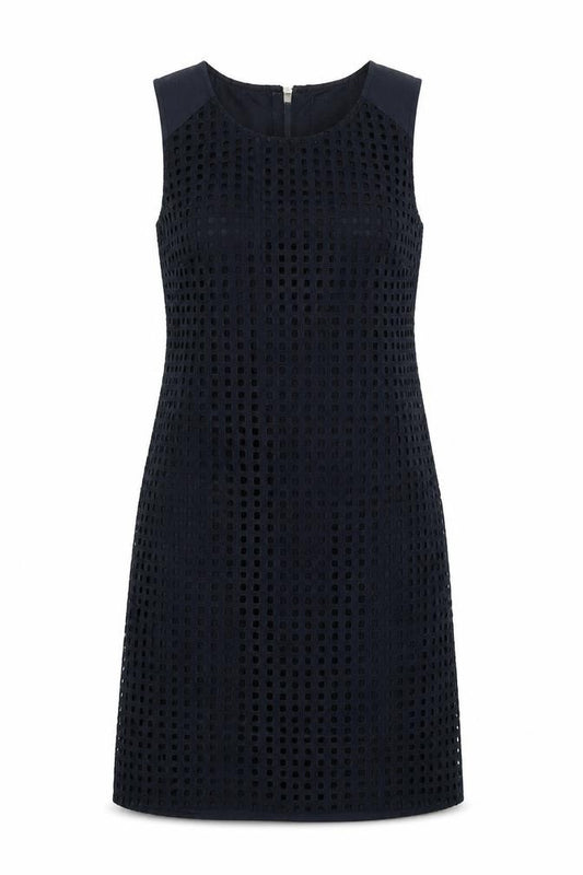 Front view of Next women’s blue geometric cotton pencil dress, size UK 8, round neck zip - cut out squares