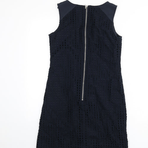 NEXT Womens Blue Geometric Cotton Pencil Dress Size 8 Round Neck Zip - Cut Out Squares