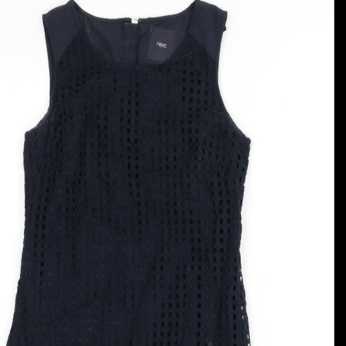 NEXT Womens Blue Geometric Cotton Pencil Dress Size 8 Round Neck Zip - Cut Out Squares