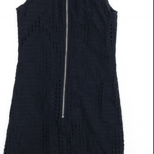 NEXT Womens Blue Geometric Cotton Pencil Dress Size 8 Round Neck Zip - Cut Out Squares