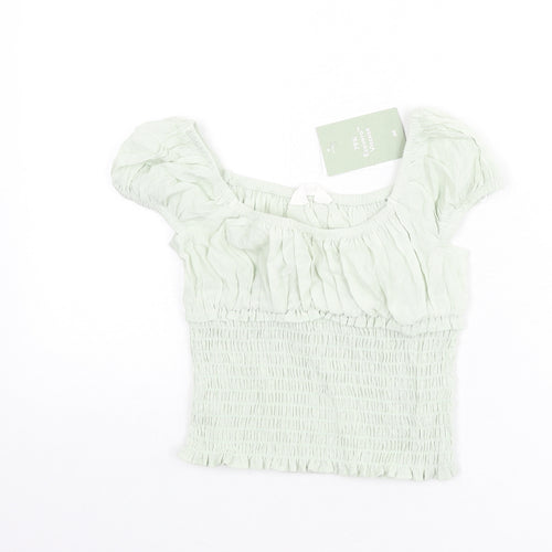 H&M Girls Green Vinyl Basic Blouse Size 9-10 Years Square Neck Pullover - Shirred