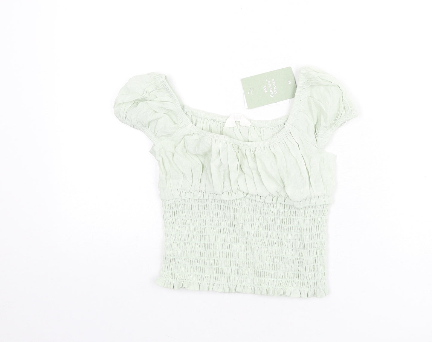 H&M Girls Green Vinyl Basic Blouse Size 9-10 Years Square Neck Pullover - Shirred