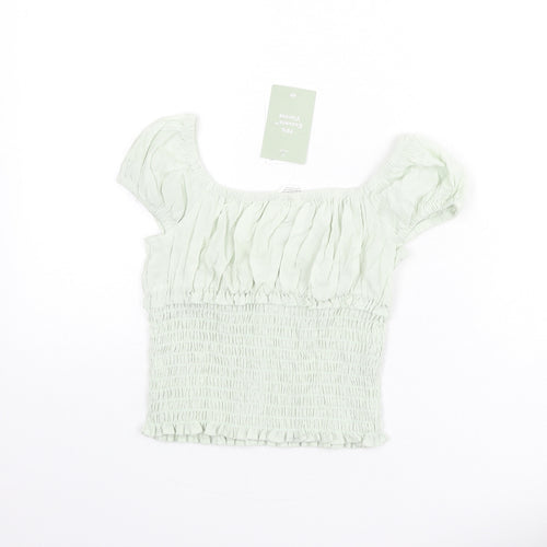 H&M Girls Green Vinyl Basic Blouse Size 9-10 Years Square Neck Pullover - Shirred