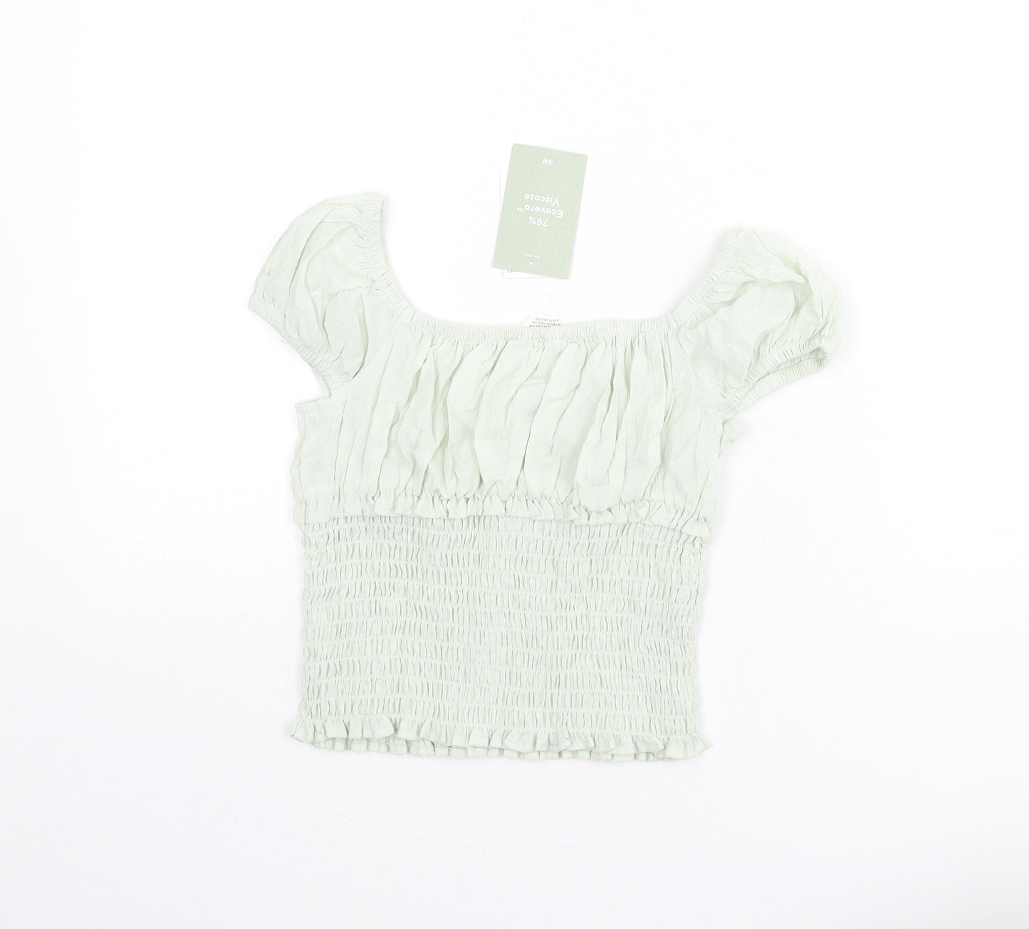 H&M Girls Green Vinyl Basic Blouse Size 9-10 Years Square Neck Pullover - Shirred