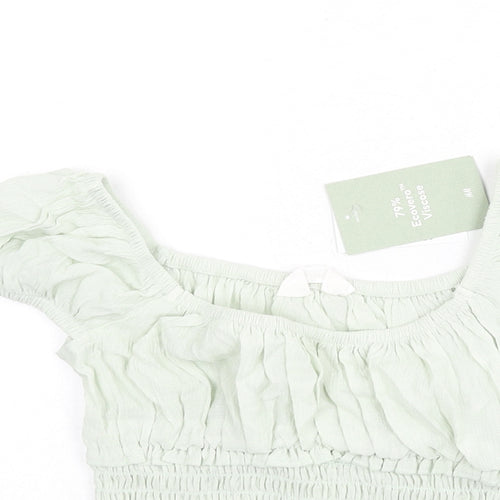 H&M Girls Green Vinyl Basic Blouse Size 9-10 Years Square Neck Pullover - Shirred