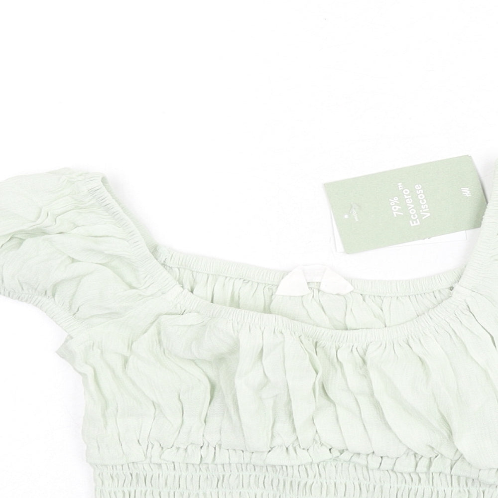 H&M Girls Green Vinyl Basic Blouse Size 9-10 Years Square Neck Pullover - Shirred