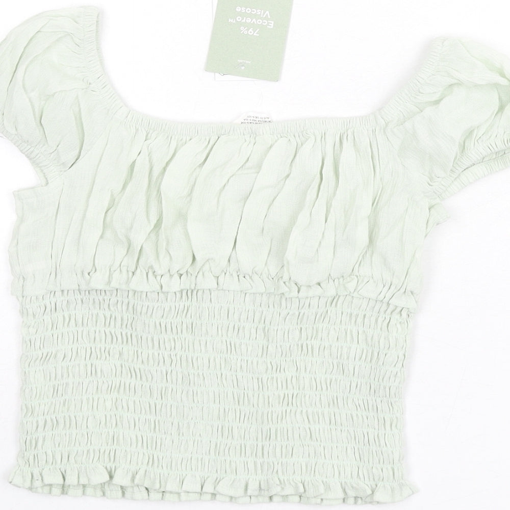 H&M Girls Green Vinyl Basic Blouse Size 9-10 Years Square Neck Pullover - Shirred