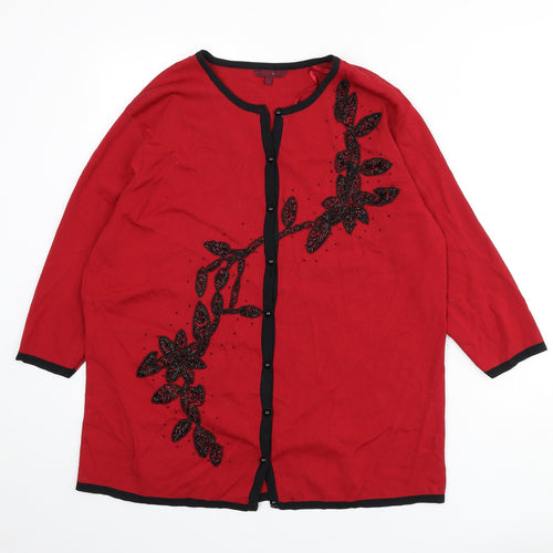 After Dark Womens Red V-Neck Viscose Cardigan Jumper Size 2XL - Floral Detail, Beaded