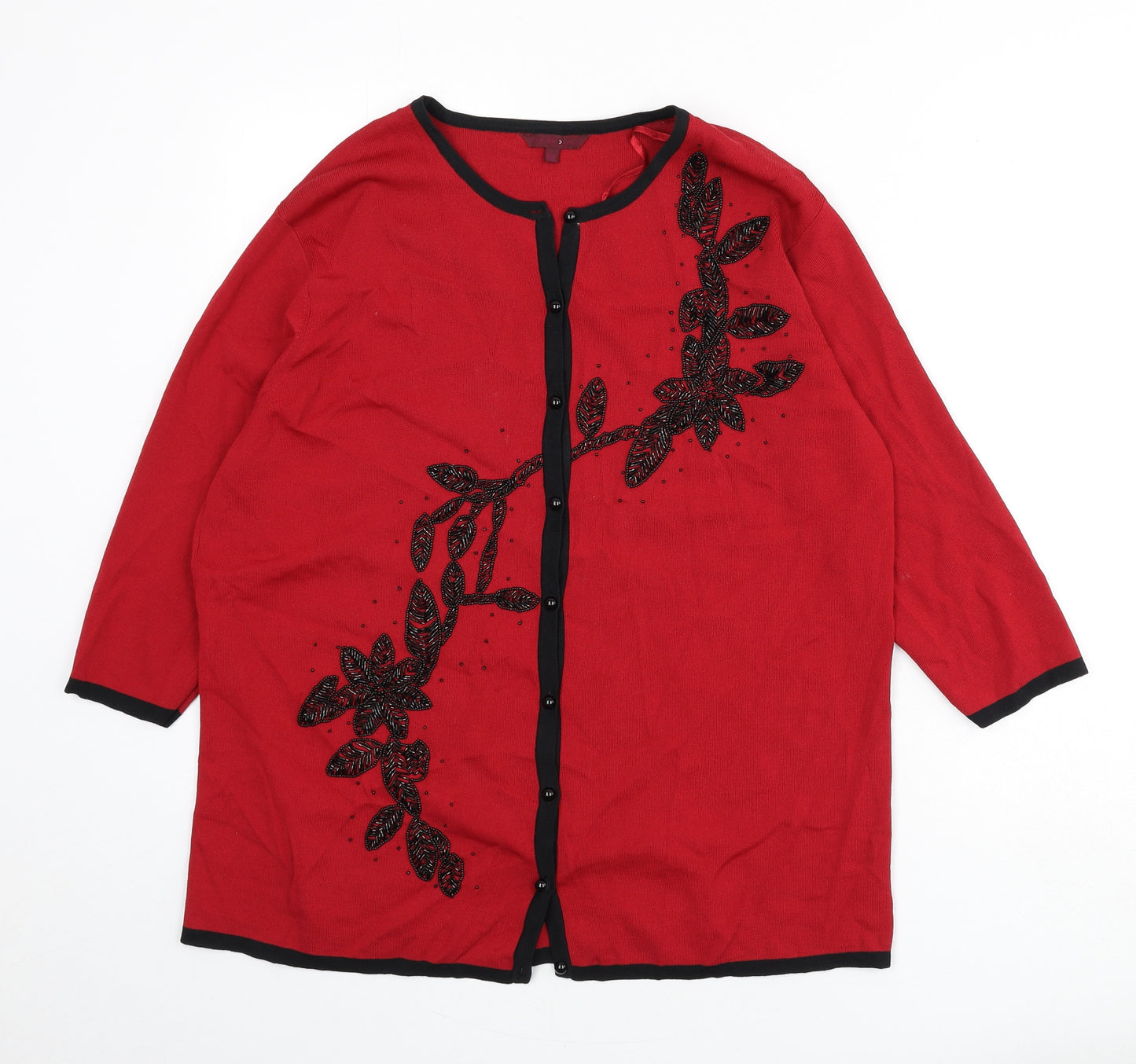After Dark Womens Red V-Neck Viscose Cardigan Jumper Size 2XL - Floral Detail, Beaded