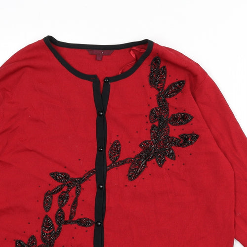 After Dark Womens Red V-Neck Viscose Cardigan Jumper Size 2XL - Floral Detail, Beaded