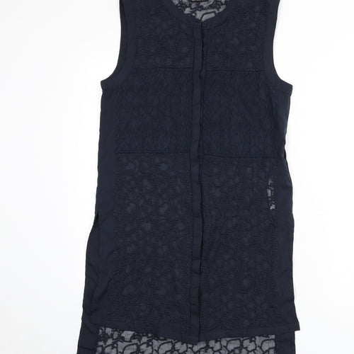 Wallis Womens Blue Geometric Polyester Tunic Blouse Size 10 Round Neck - Embroidered Detail