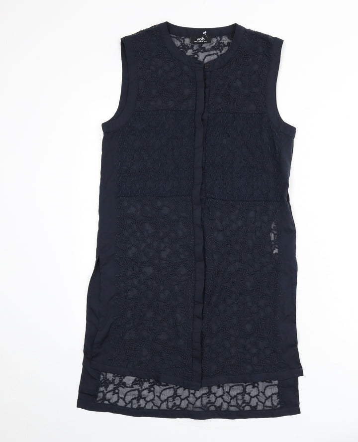 Wallis Womens Blue Geometric Polyester Tunic Blouse Size 10 Round Neck - Embroidered Detail