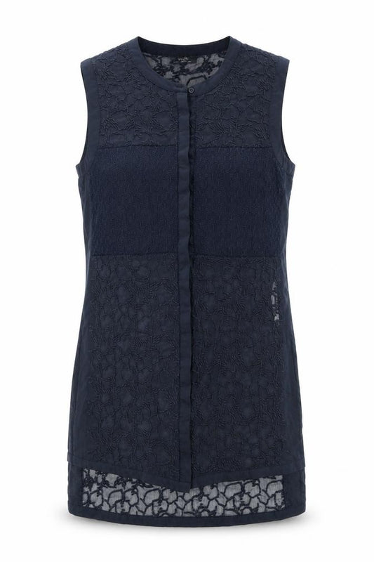 Front view of Wallis women’s blue geometric polyester tunic blouse, size UK 10, round neck - embroidered detail