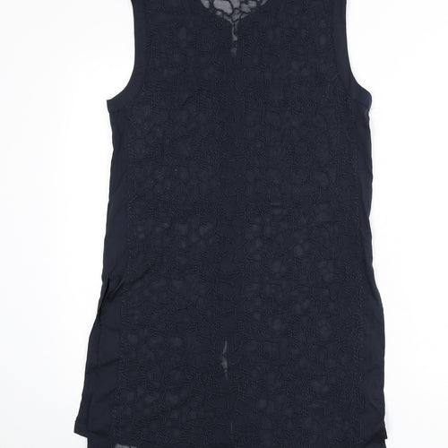 Wallis Womens Blue Geometric Polyester Tunic Blouse Size 10 Round Neck - Embroidered Detail