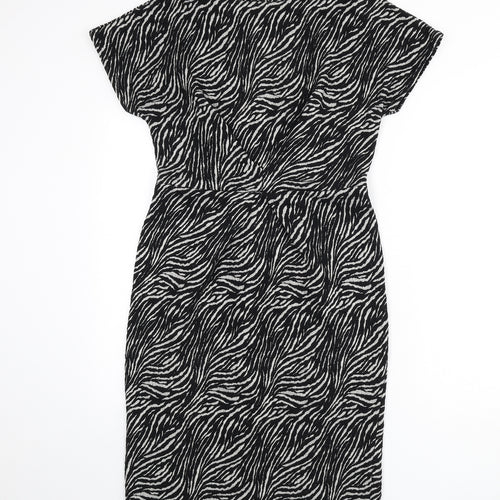 NEXT Womens Black Animal Print Cotton Pencil Dress Size 12 Round Neck Zip - Zebra Print