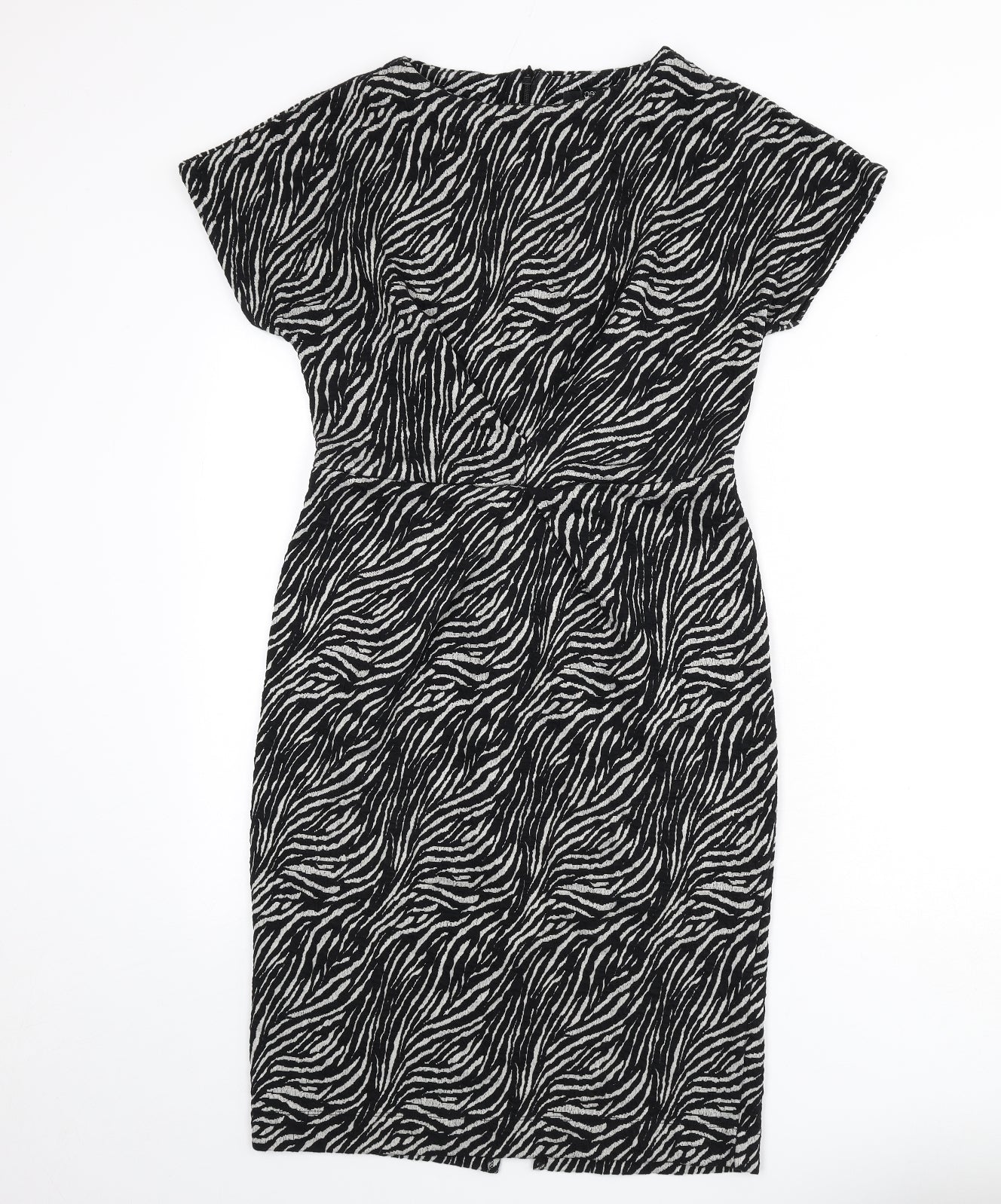 NEXT Womens Black Animal Print Cotton Pencil Dress Size 12 Round Neck Zip - Zebra Print
