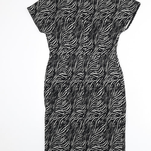 NEXT Womens Black Animal Print Cotton Pencil Dress Size 12 Round Neck Zip - Zebra Print