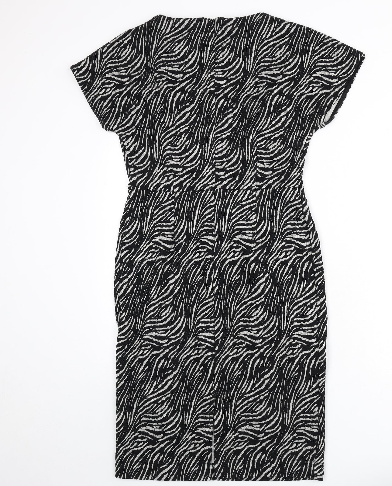 NEXT Womens Black Animal Print Cotton Pencil Dress Size 12 Round Neck Zip - Zebra Print