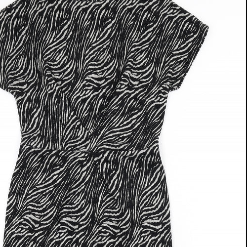 NEXT Womens Black Animal Print Cotton Pencil Dress Size 12 Round Neck Zip - Zebra Print