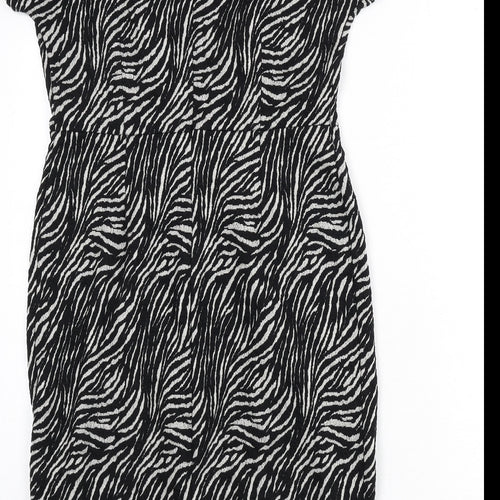 NEXT Womens Black Animal Print Cotton Pencil Dress Size 12 Round Neck Zip - Zebra Print
