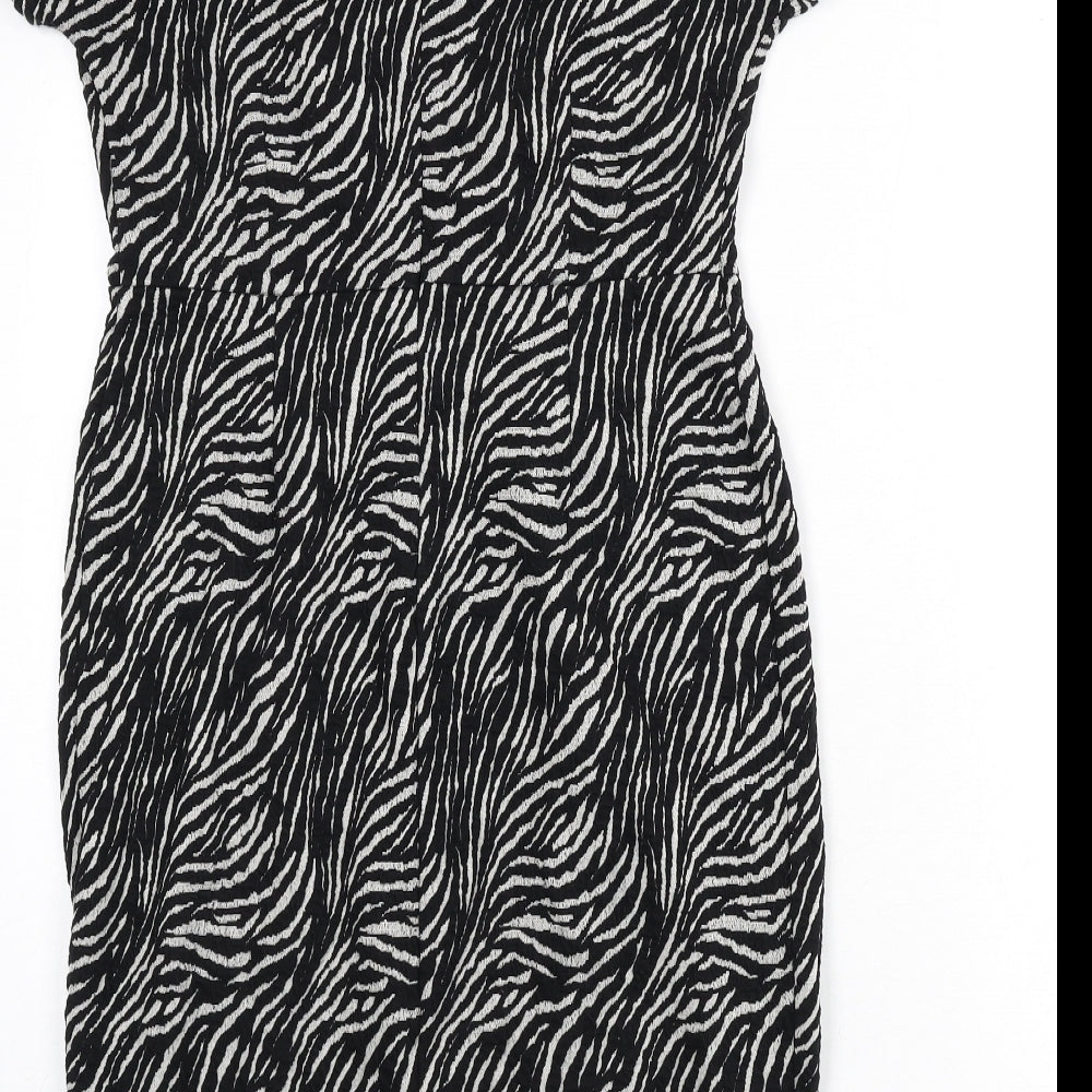 NEXT Womens Black Animal Print Cotton Pencil Dress Size 12 Round Neck Zip - Zebra Print