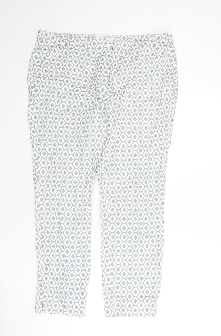 Rick Cardona Womens Blue Geometric Cotton Trousers Size 20 L27 in Regular Zip