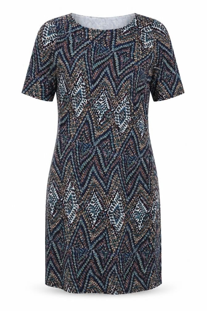 Front view of Next women’s multicoloured geometric viscose bodycon, size UK 12, boat neck pullover