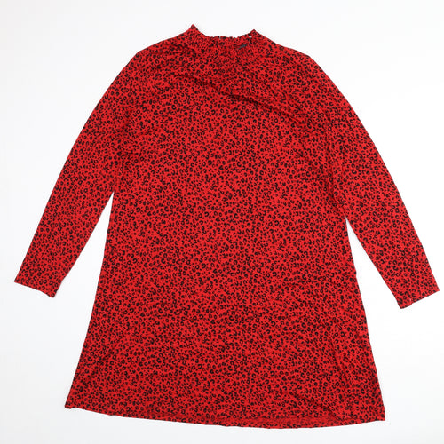 Marks and Spencer Womens Red Animal Print Viscose A-Line Size 10 Round Neck Button - Leopard Print
