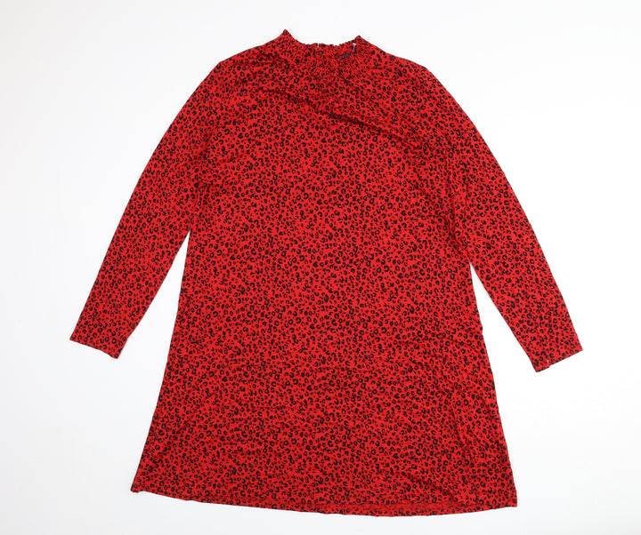 Marks and Spencer Womens Red Animal Print Viscose A-Line Size 10 Round Neck Button - Leopard Print